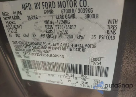 2006 Ford F-150 Stx/Xl/Xlt from USA, damaged, VIN 1FTRX12W26NB00915